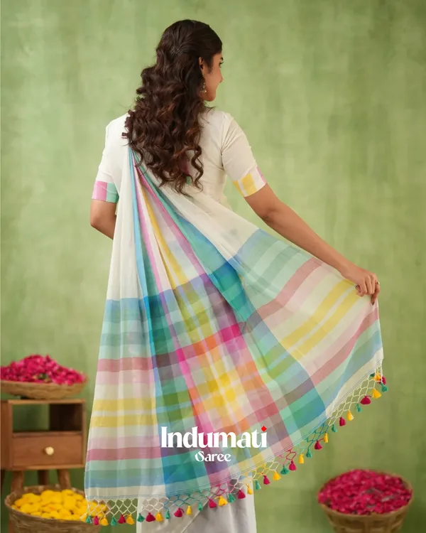 White_Mulmul_Cotton_Saree_with_Multicolor_Pastel_Striped_Pallu_&_Matching_White_Blouse_Piece