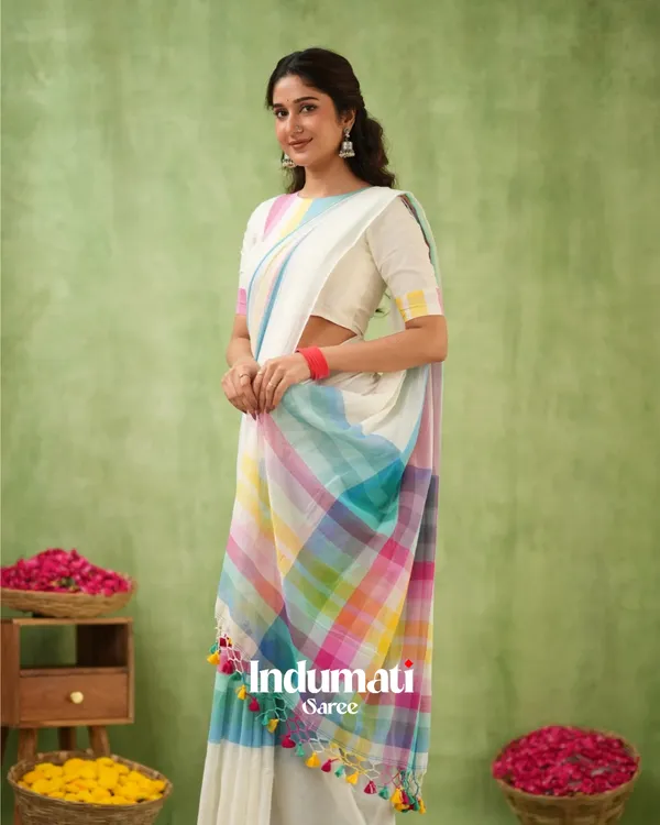 White_Mulmul_Cotton_Saree_with_Multicolor_Pastel_Striped_Pallu_&_Matching_White_Blouse_Piece
