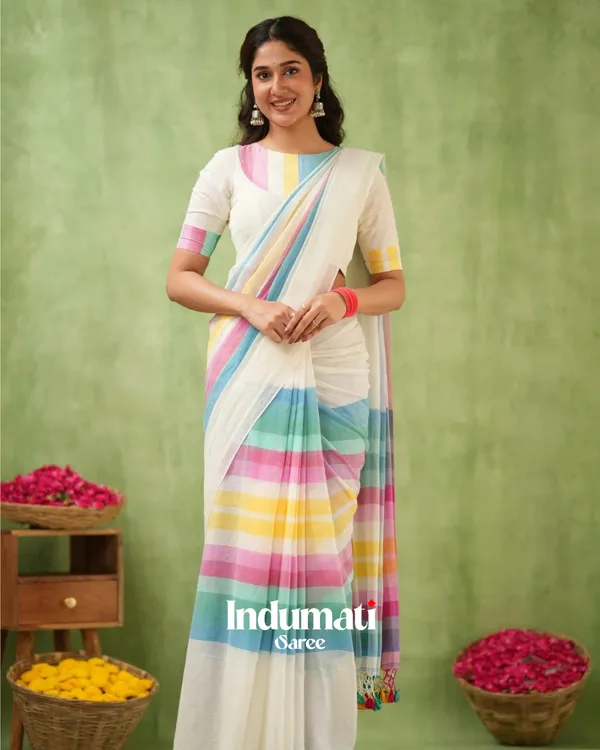 White_Mulmul_Cotton_Saree_with_Multicolor_Pastel_Striped_Pallu_&_Matching_White_Blouse_Piece