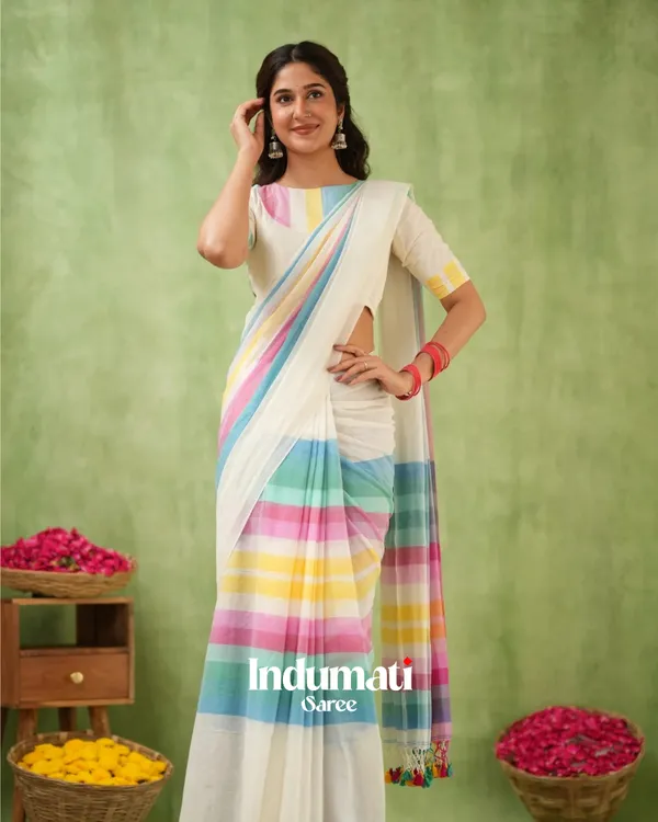 White_Mulmul_Cotton_Saree_with_Multicolor_Pastel_Striped_Pallu_&_Matching_White_Blouse_Piece