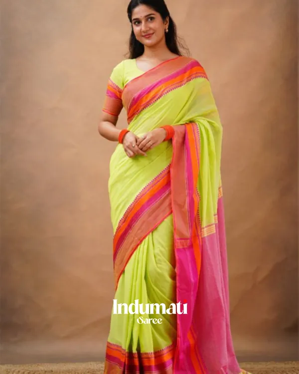 Lime_Green_Mulmul__Cotton_Saree_with_Pink_&_Orange_Contrast_Border_&_Blouse_Piece