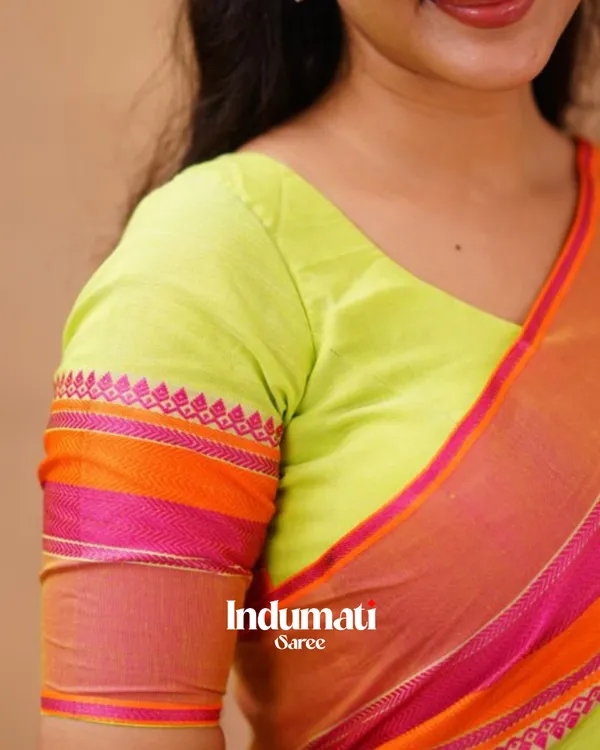 Lime_Green_Mulmul__Cotton_Saree_with_Pink_&_Orange_Contrast_Border_&_Blouse_Piece