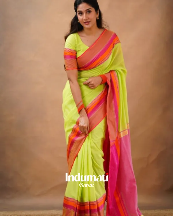 Lime_Green_Mulmul__Cotton_Saree_with_Pink_&_Orange_Contrast_Border_&_Blouse_Piece