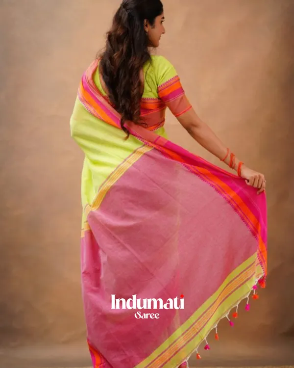Lime_Green_Mulmul__Cotton_Saree_with_Pink_&_Orange_Contrast_Border_&_Blouse_Piece