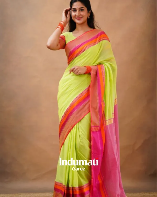 Lime_Green_Mulmul__Cotton_Saree_with_Pink_&_Orange_Contrast_Border_&_Blouse_Piece