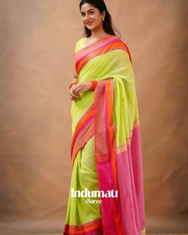 Lime_Green_Mulmul__Cotton_Saree_with_Pink_&_Orange_Contrast_Border_&_Blouse_Piece