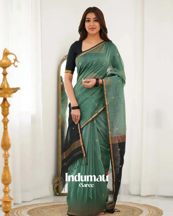 Bottle_Green_Premium_Cotton_Silk_Saree_With_Classy_Blouse_and_tassels