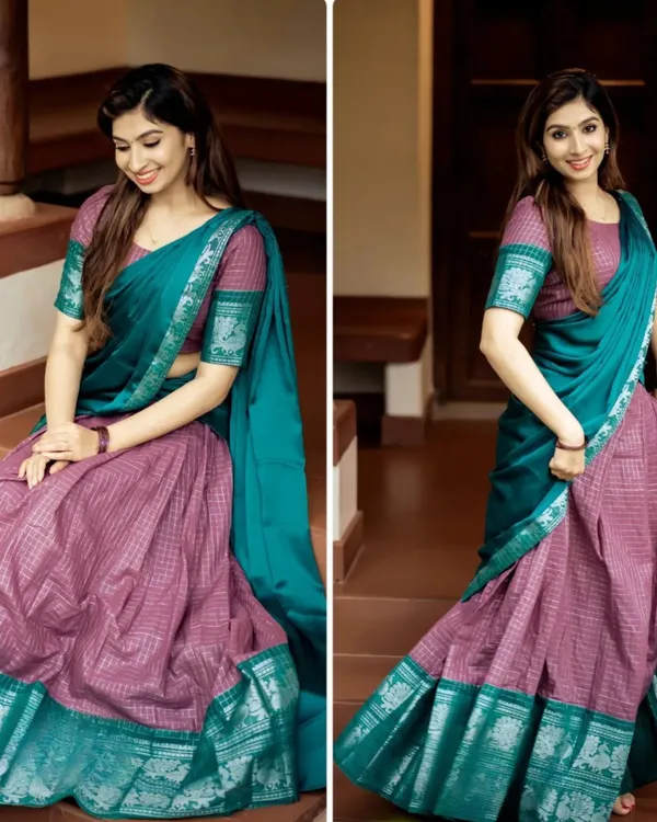 Light_Beet_And_Bottle_Blue_Color_Kanchipuram_Zari_Weaving_Half_Saree_With_Blouse__Silk_Dupatta