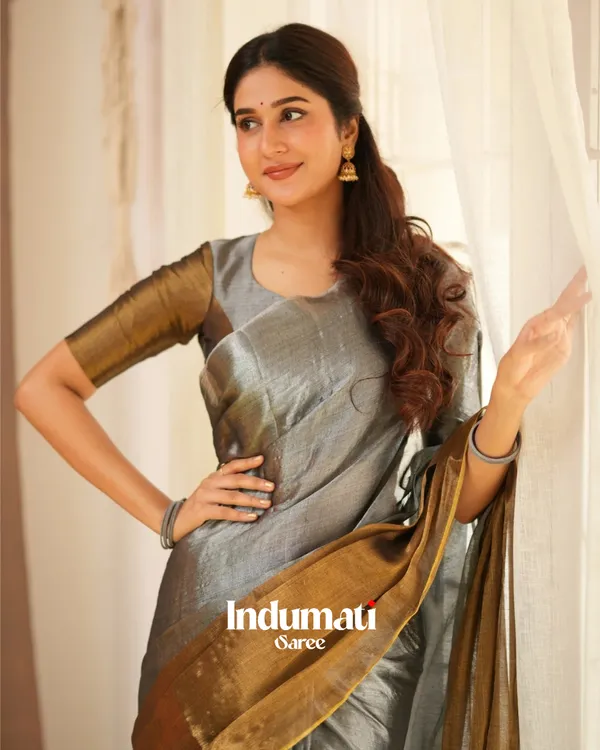 Silver_&_Mustard_Tissue_Cotton_Saree_with_Blouse_Piece