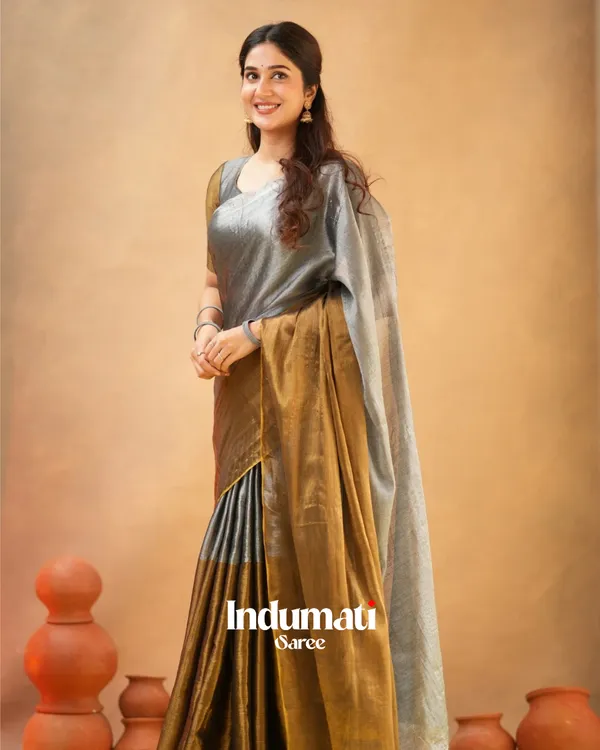 Silver_&_Mustard_Tissue_Cotton_Saree_with_Blouse_Piece
