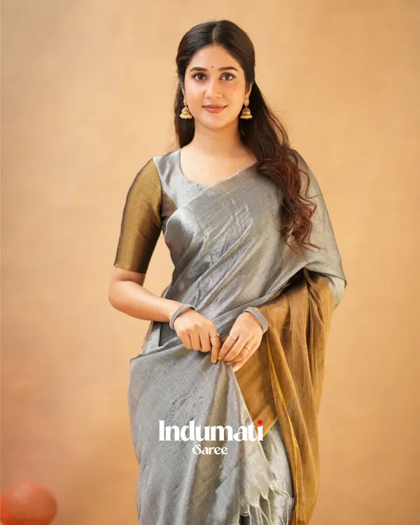 Silver_&_Mustard_Tissue_Cotton_Saree_with_Blouse_Piece