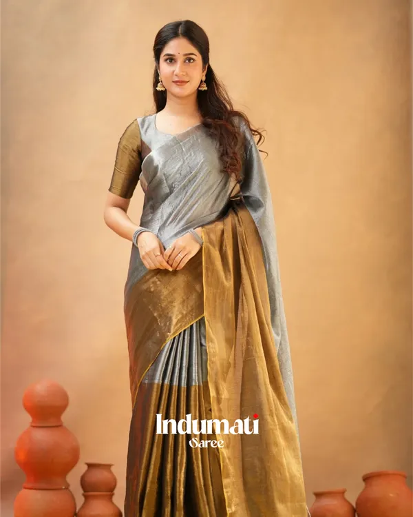 Silver_&_Mustard_Tissue_Cotton_Saree_with_Blouse_Piece