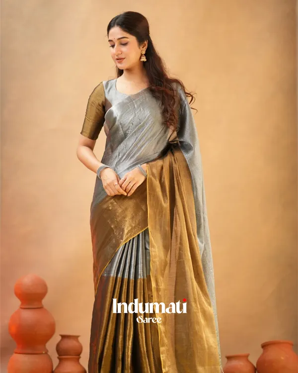 Silver_&_Mustard_Tissue_Cotton_Saree_with_Blouse_Piece