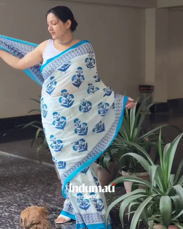 White_Blossom_-_Pure_Linen_Saree_with_Large_Blue_Flower_Art_&_Coordinated_Blouse