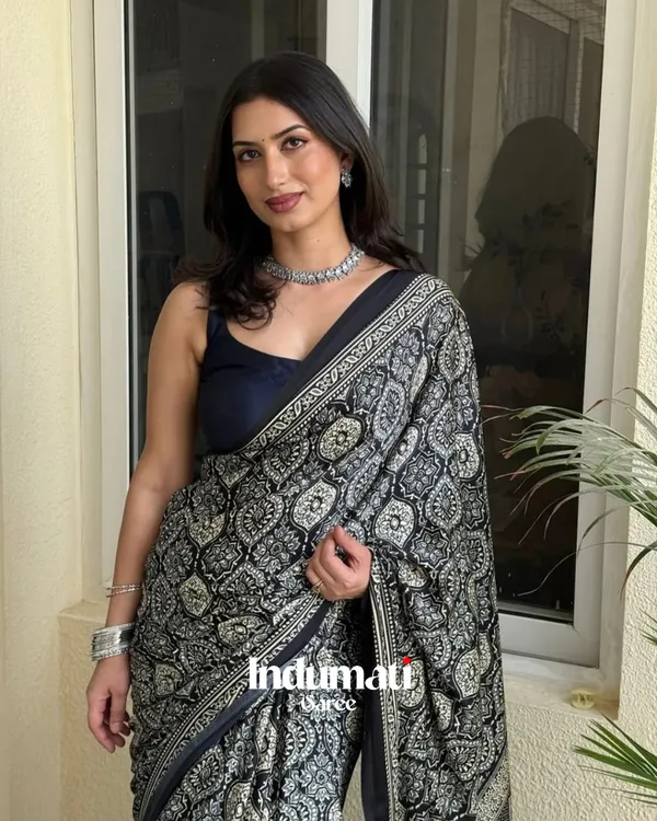 Black_Ajrakh_Printed_Modal_Silk_Premium_Saree_with_Blouse_Piece