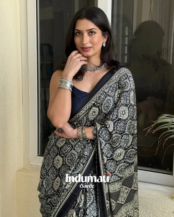 Black_Ajrakh_Printed_Modal_Silk_Premium_Saree_with_Blouse_Piece