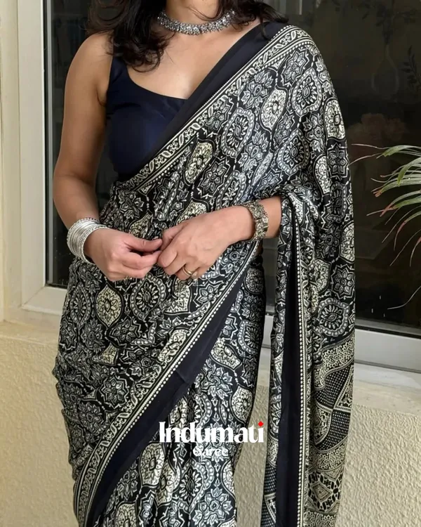 Black_Ajrakh_Printed_Modal_Silk_Premium_Saree_with_Blouse_Piece