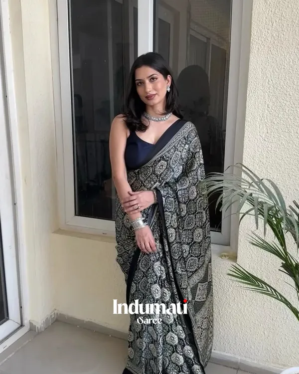 Black_Ajrakh_Printed_Modal_Silk_Premium_Saree_with_Blouse_Piece