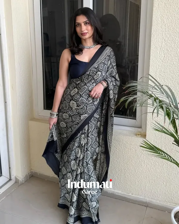 Black_Ajrakh_Printed_Modal_Silk_Premium_Saree_with_Blouse_Piece