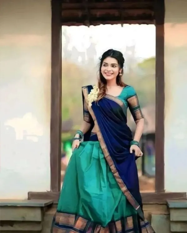 Blue_And_Bottle_Blue_Color_Kanchipuram_Zari_Weaving_Half_Saree_With_Blouse__Silk_Dupatta