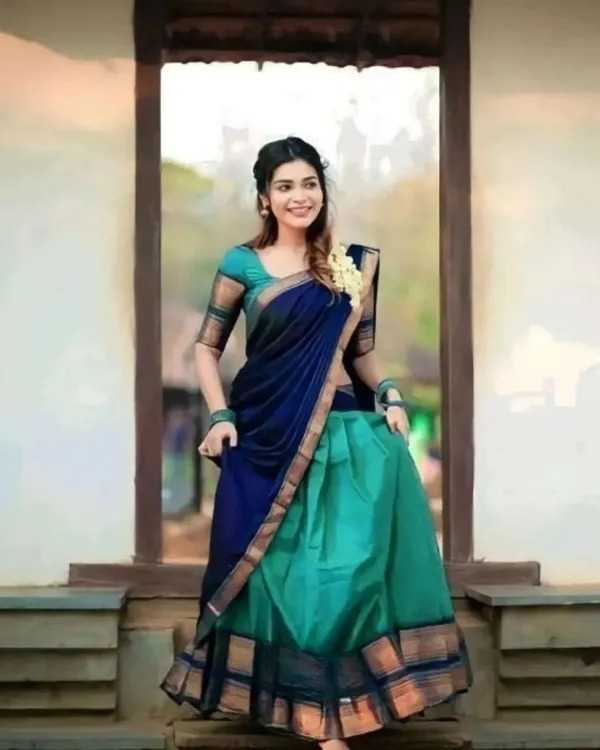 Blue_And_Bottle_Blue_Color_Kanchipuram_Zari_Weaving_Half_Saree_With_Blouse__Silk_Dupatta