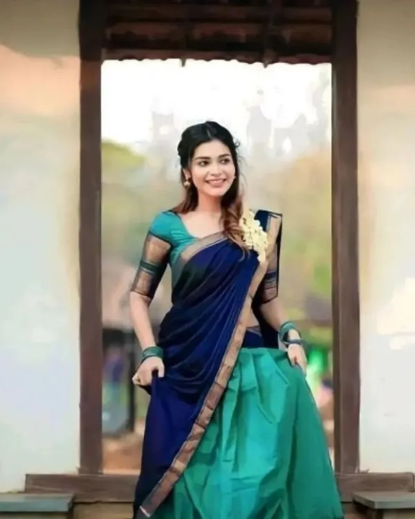 Blue_And_Bottle_Blue_Color_Kanchipuram_Zari_Weaving_Half_Saree_With_Blouse__Silk_Dupatta