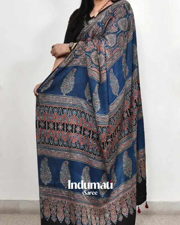 Blue_Color_Ajarakh_Printed_Modal_Silk_Saree_with_Blouse_Piece