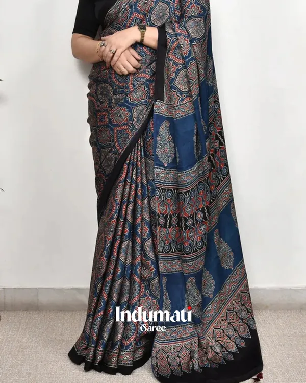 Blue_Color_Ajarakh_Printed_Modal_Silk_Saree_with_Blouse_Piece