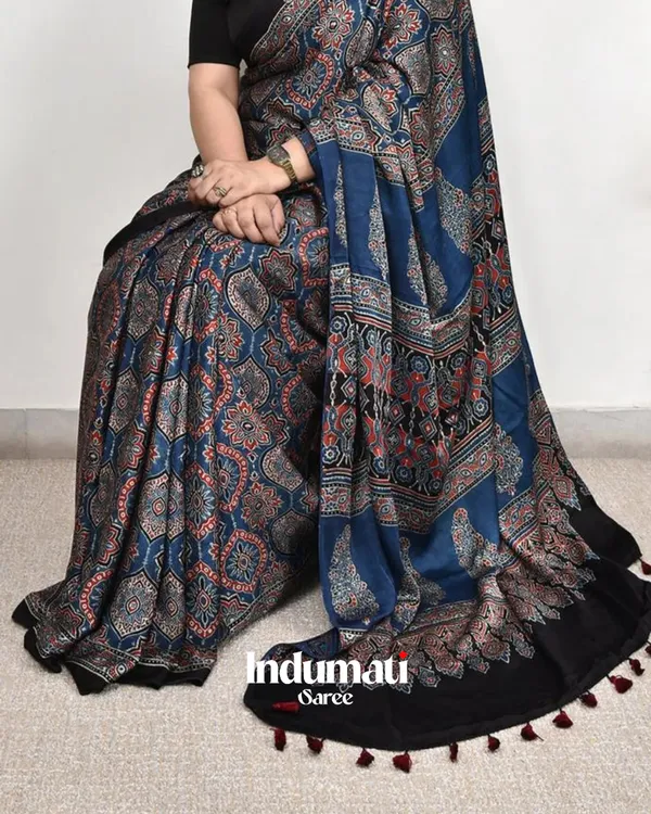 Blue_Color_Ajarakh_Printed_Modal_Silk_Saree_with_Blouse_Piece