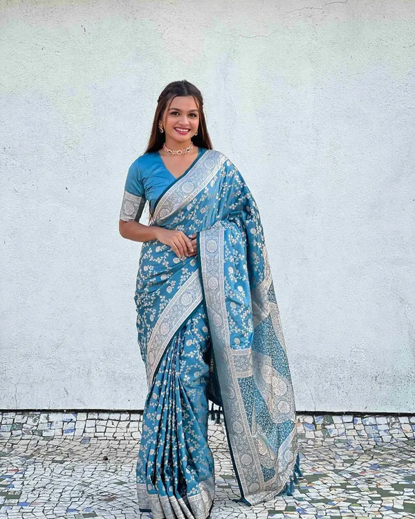 Bottle_Blue_Color_Recently_Launched_Soft_Banarasi_Silk_Saree_with_Classy_Bloue_Piece