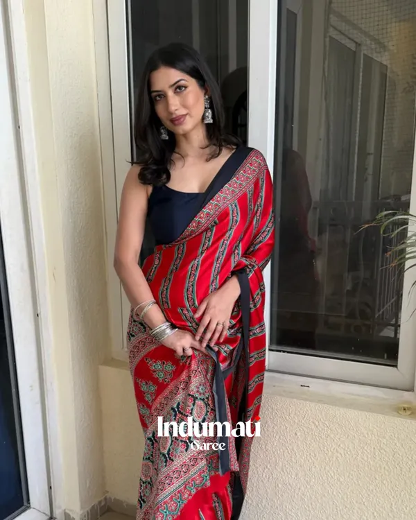 Rosewood_Striped_Ajrakh_Printed_Modal_Silk_Saree_with_Blouse_Piece