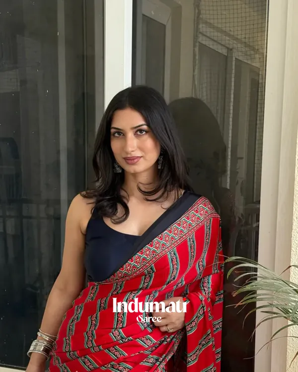 Rosewood_Striped_Ajrakh_Printed_Modal_Silk_Saree_with_Blouse_Piece