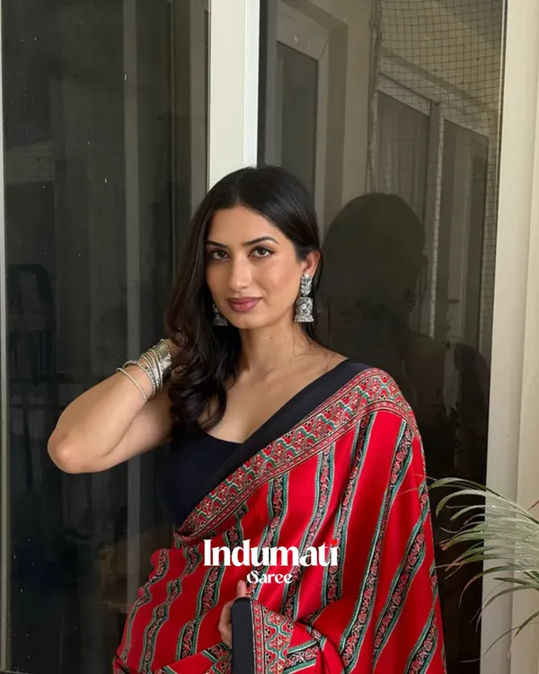 Rosewood_Striped_Ajrakh_Printed_Modal_Silk_Saree_with_Blouse_Piece