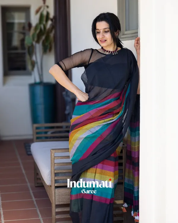 Rangoli_Sutra_-_Black_Linen_Saree_with_Colorful_Rainbow_Border_&_Blouse_Piece