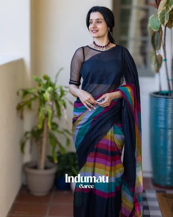 Rangoli_Sutra_-_Black_Linen_Saree_with_Colorful_Rainbow_Border_&_Blouse_Piece