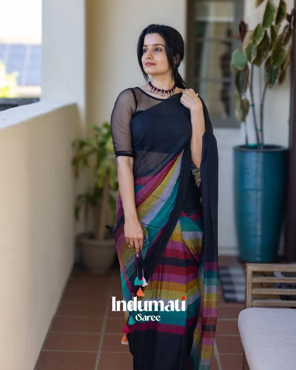 Rangoli_Sutra_-_Black_Linen_Saree_with_Colorful_Rainbow_Border_&_Blouse_Piece