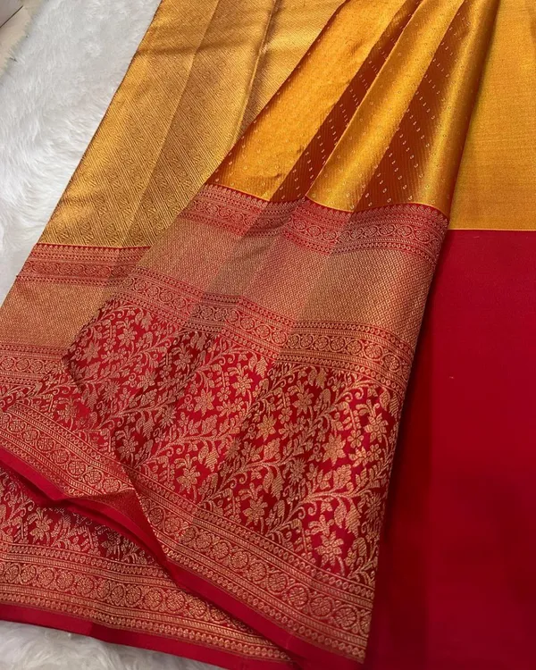 Yellow_And_Red_Color_Top_Tier_Soft_Banarasi_Silk_Saree_with_Pure_Golden_Zari_Work_&_Classy_Bloue_Piece