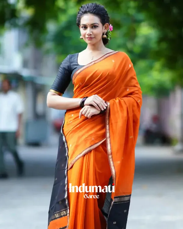 Orange_And_Black_Premium_Cotton_Silk_Saree_With_Classy_Blouse_and_tassels