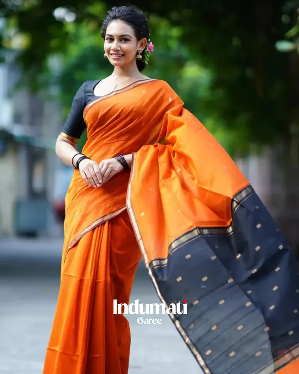 Orange_And_Black_Premium_Cotton_Silk_Saree_With_Classy_Blouse_and_tassels
