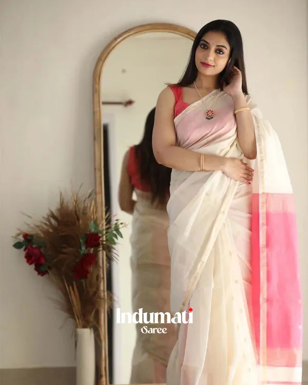 White_Color_Premium_Cotton_Silk_Saree_With_Classy_Blouse_and_tassels