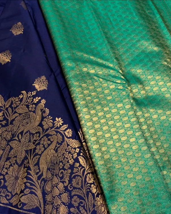 Perrot_Green_And_Blue_Color_Recently_Launched_Soft_Banarasi_Silk_Saree_with_Classy_Bloue_Piece