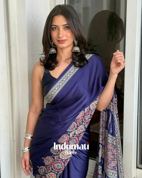Navy_Blue_Ajrakh_Printed_Modal_Silk_Plaint_Saree_with_Blouse_Piece