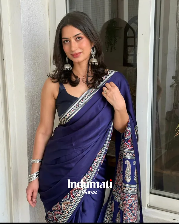 Navy_Blue_Ajrakh_Printed_Modal_Silk_Plaint_Saree_with_Blouse_Piece