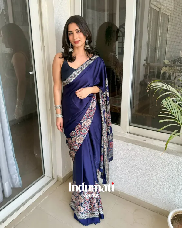 Navy_Blue_Ajrakh_Printed_Modal_Silk_Plaint_Saree_with_Blouse_Piece