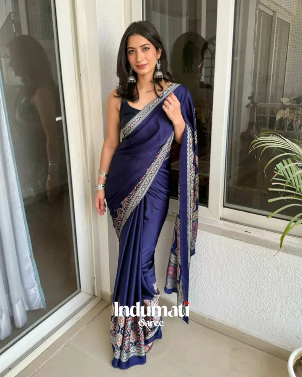 Navy_Blue_Ajrakh_Printed_Modal_Silk_Plaint_Saree_with_Blouse_Piece