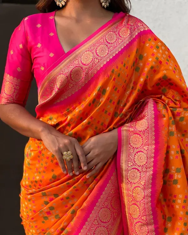Orange_And_Pink_Color_Top_Tier_Soft_Banarasi_Silk_Saree_with_Classy_Bloue_Piece