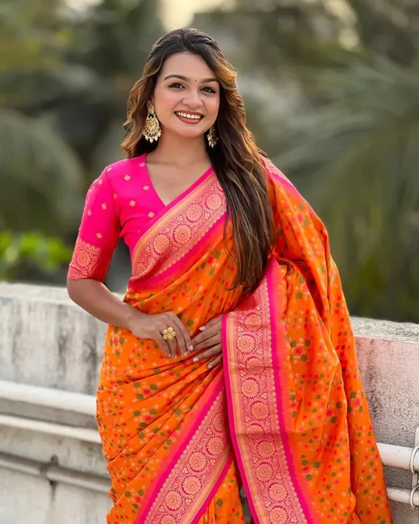 Orange_And_Pink_Color_Top_Tier_Soft_Banarasi_Silk_Saree_with_Classy_Bloue_Piece