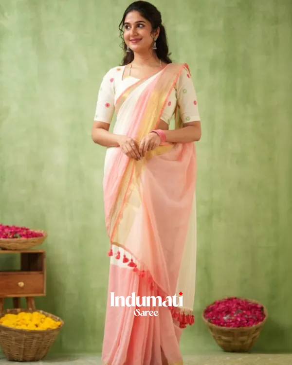 White_&_Peach_Mulmul_Cotton_Saree_with_Golden_Woven_Border_&_Matching_White_Blouse_Piece