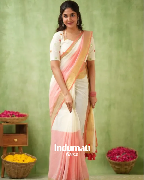 White_&_Peach_Mulmul_Cotton_Saree_with_Golden_Woven_Border_&_Matching_White_Blouse_Piece