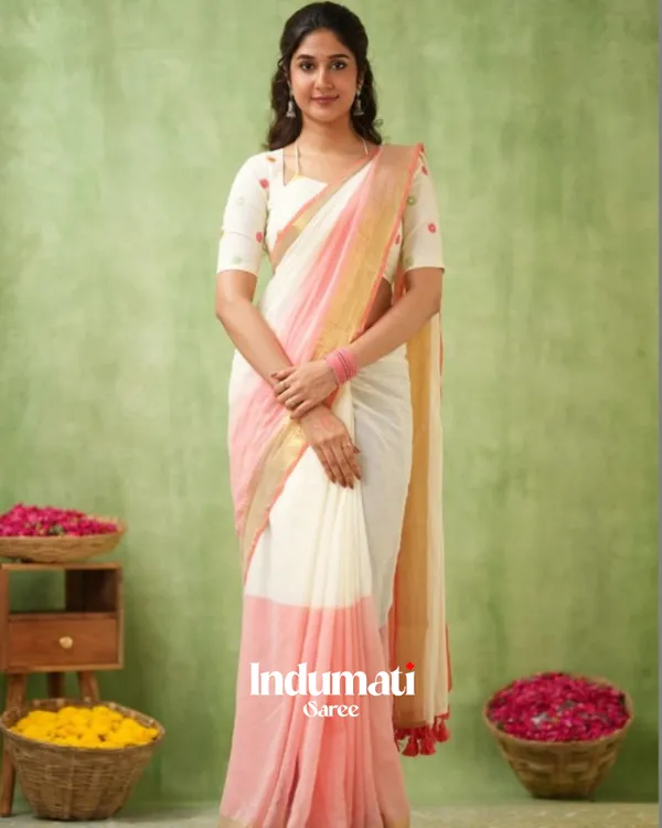 White_&_Peach_Mulmul_Cotton_Saree_with_Golden_Woven_Border_&_Matching_White_Blouse_Piece